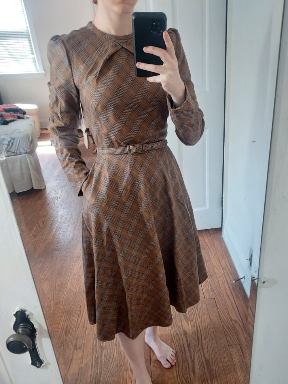 Lena Hoschek NEW Piano Belted Wool Nutmeg Brown Plaid Midi Dress